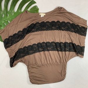 Brown & Black Lace Butterfly Sleeve Blouse
